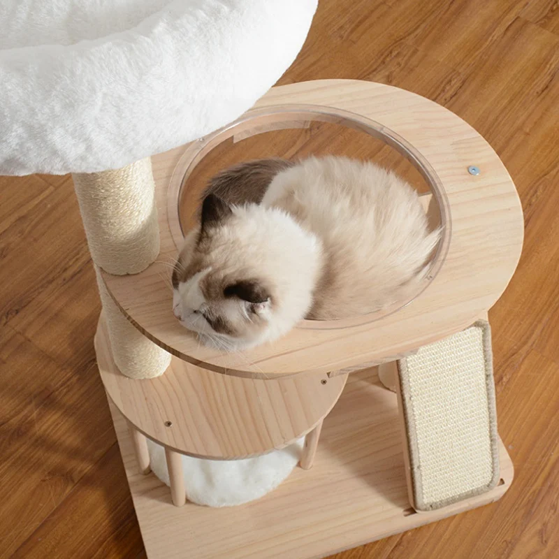 Katzenbaum Holz, Stabiler Kratzbaum aus Massivholz, Sisal-kratzbrett, Drei Ebenen Katzenbett, Ideal für Mehrkatzenhaushalte