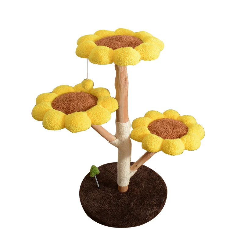 Katzenbaum grosse Katzen, Katzenbaum aus Holz, Plüsch Sonnenblumen-Katzenbett mit drei Ebenen, für mehrere Katzen