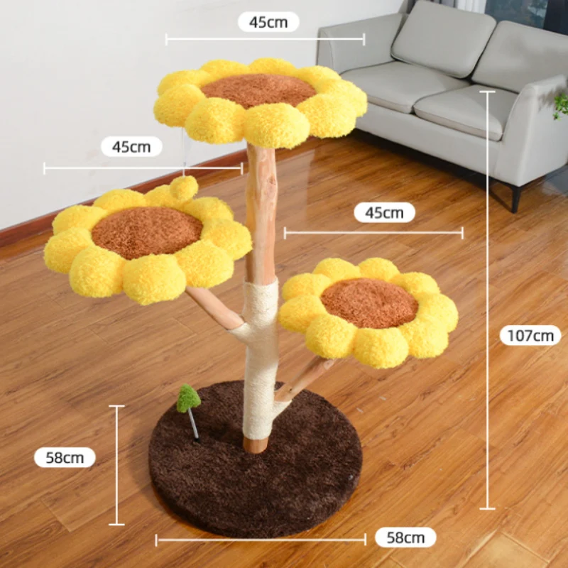 Katzenbaum grosse Katzen, Katzenbaum aus Holz, Plüsch Sonnenblumen-Katzenbett mit drei Ebenen, für mehrere Katzen