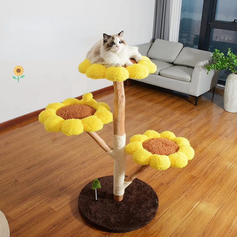 Katzenbaum grosse Katzen, Katzenbaum aus Holz, Plüsch Sonnenblumen-Katzenbett mit drei Ebenen, für mehrere Katzen