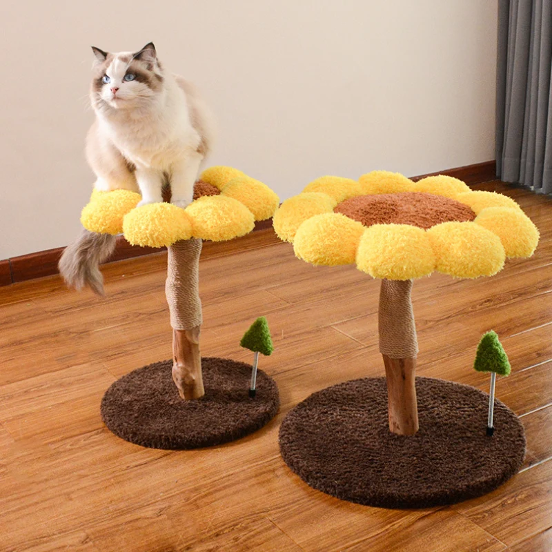 Holz Katzenbaum, Sonnenblumenform, Plüsch Komfortabel, Sisal Katzenkratzbaum, Große & kleine, Kratzen oder Schlafen