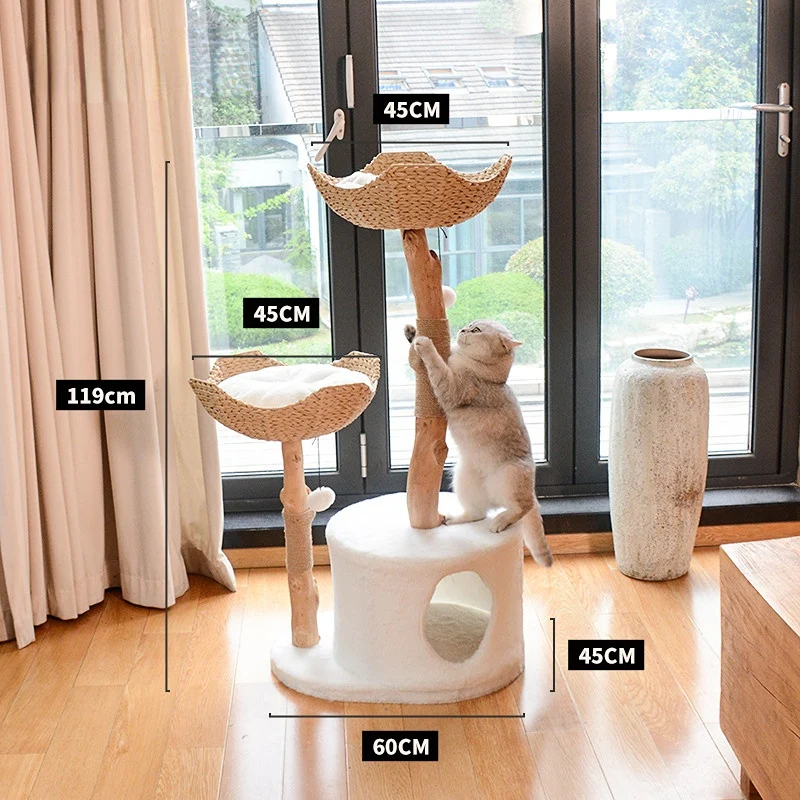 Katzenbaum Holz, Holz Katzenkratzbaum für Mehrkatzenhaushalte, mit doppeltem Rattan-Katzenbett & abnehmbaren Kissen