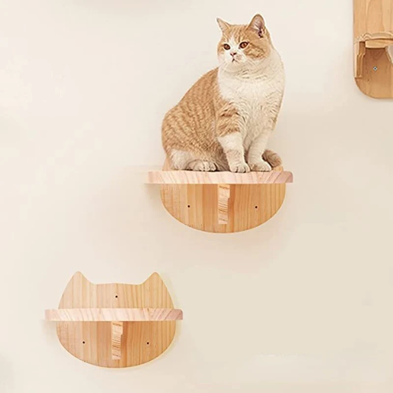 Wand Katzenbaum, Wandspielzeug für Katzen aus Holz, Stabiler Katzenplattform mit niedlichem Katzenmuster (1 Stück)