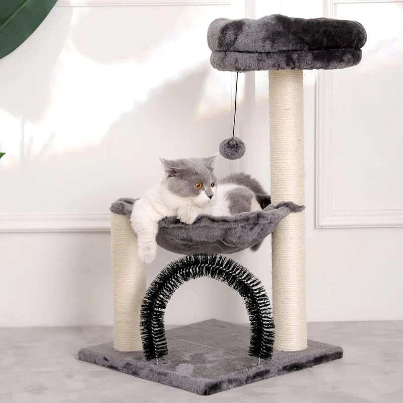 Katzenbaum groß, Cat Tree mit Kratzsäule und Bürstentunnel, Plüsch Katzenbett und Plüschball, platzsparend