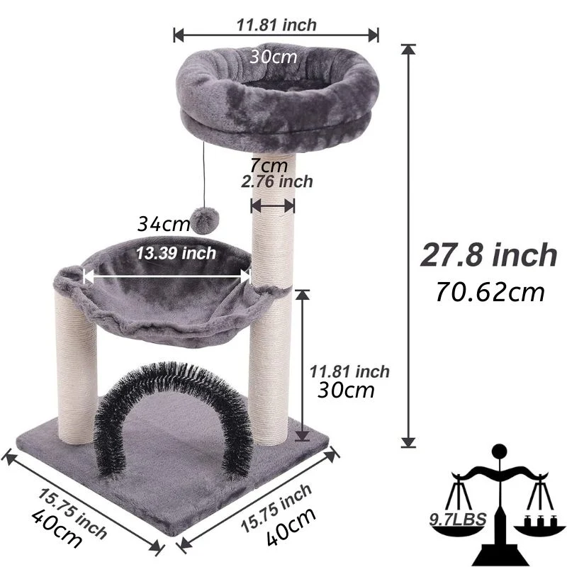 Katzenbaum groß, Cat Tree mit Kratzsäule und Bürstentunnel, Plüsch Katzenbett und Plüschball, platzsparend
