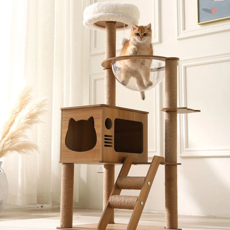 Katzenbaum, Katzenbaum Hoch mit Spielzeug, Plüschkatzenbett und Kletterleiter, Kratzbaum Stabil 109cm hoch
