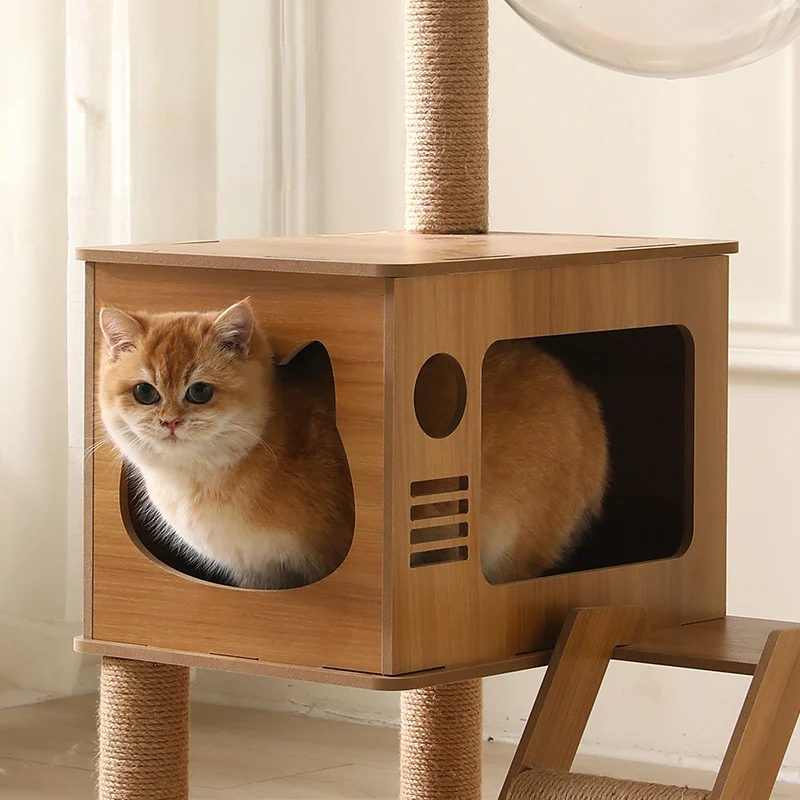 Katzenbaum, Katzenbaum Hoch mit Spielzeug, Plüschkatzenbett und Kletterleiter, Kratzbaum Stabil 109cm hoch
