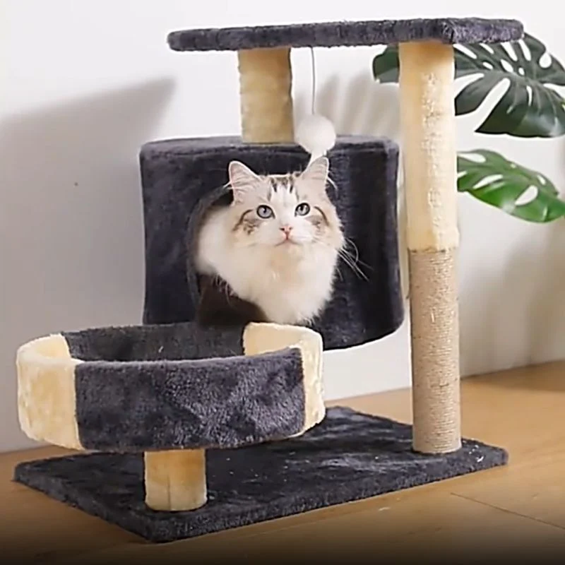 Mini Katzenbaum, Hochwertiger Katzenbaum mit Kratzbaum, Plüsch Höhle und Katzenbett, Schwarz oder Grau