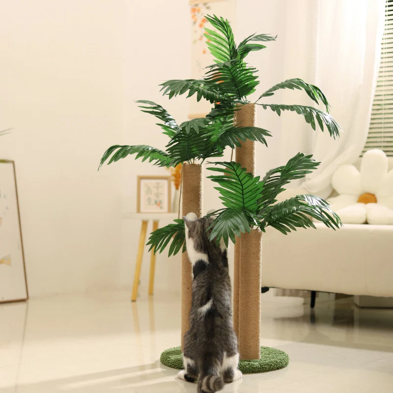 Holz Katzenkratzbaum, Stehende Katzenkratzsäule im Kokosbaum-Design, aus Sicheren Materialien, Braun und Grün
