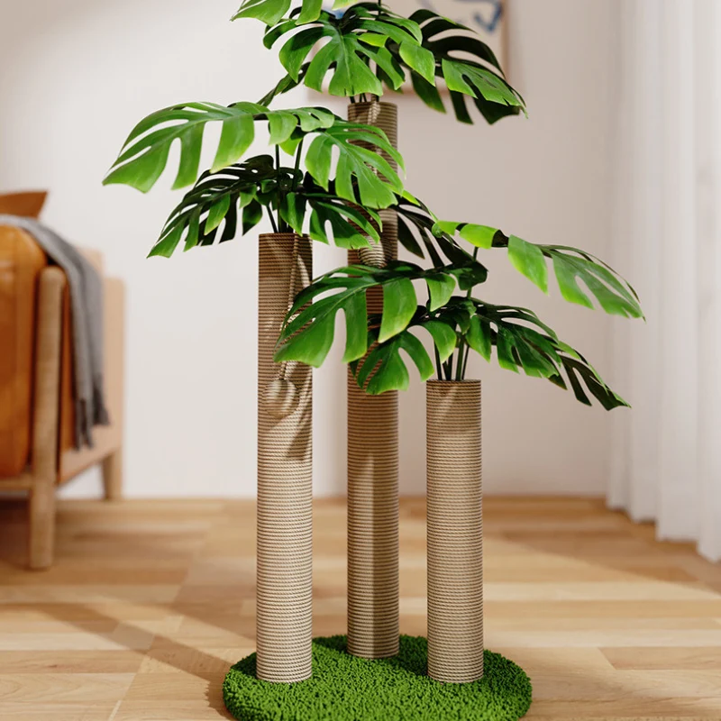 Holz Katzenkratzbaum, Stehende Katzenkratzsäule im Kokosbaum-Design, aus Sicheren Materialien, Braun und Grün