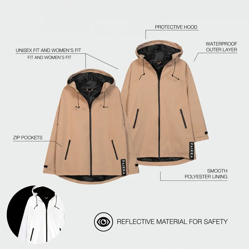 PAIKKA Human Visibility Raincoat Lite Taupe – reflektierende Damen-Regenjacke