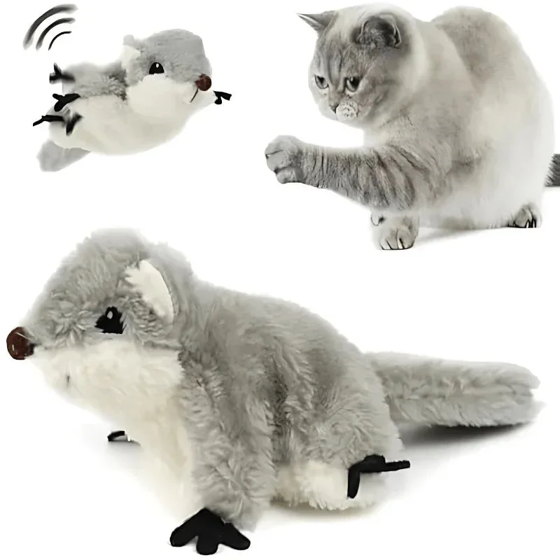 Flapping Lifelike Sounding & Rechargeable Electric Squirrel With Catnip Cat Toy