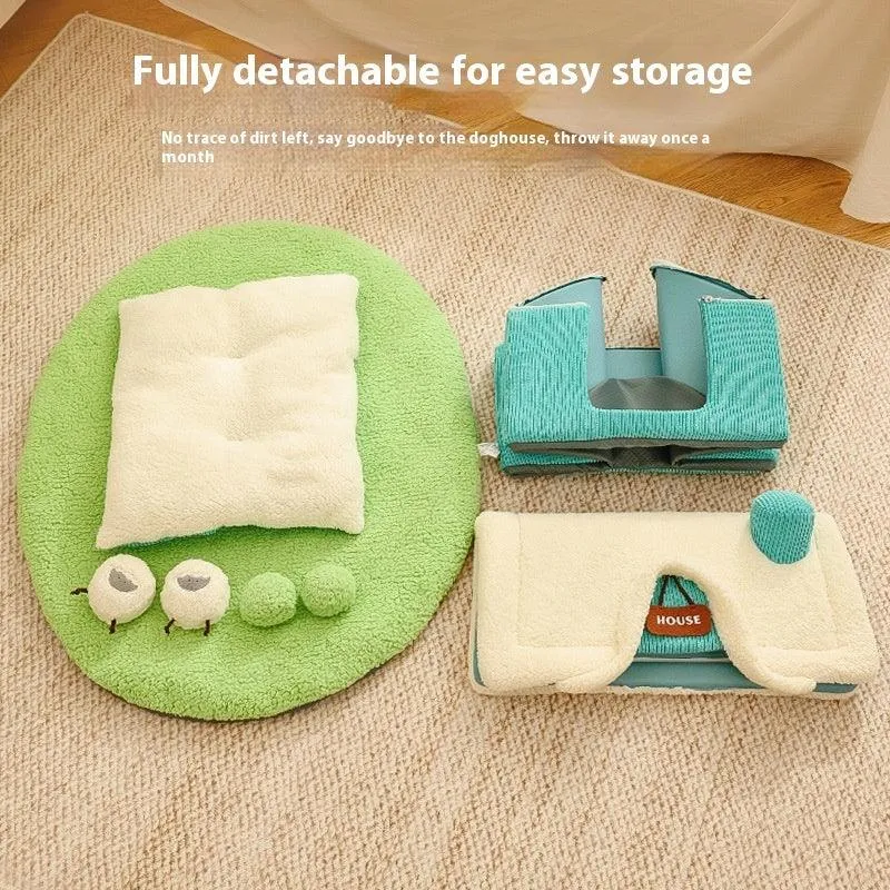 Creative Cute Cartoon Warm Pet Bed House And Plush Lawn With Multiple Dog Chew Toys