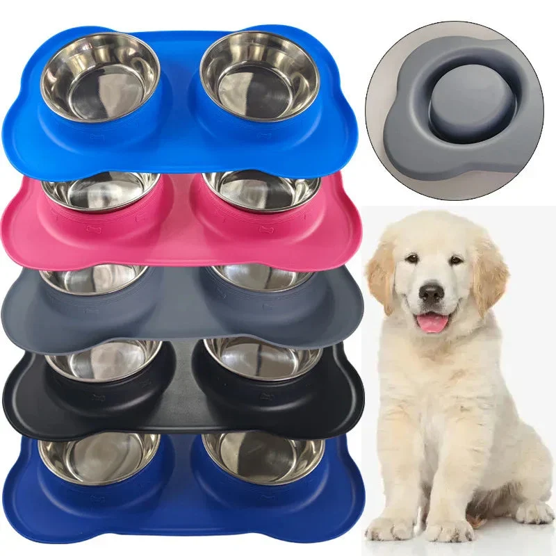Large Silicone Pet Bowl Double Stainless Steel Dog Bowl