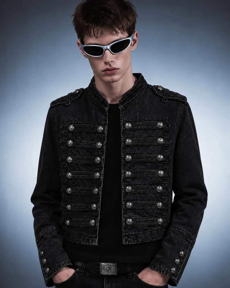 American-Style Metal Ribbed Button Retro Washed Jacket