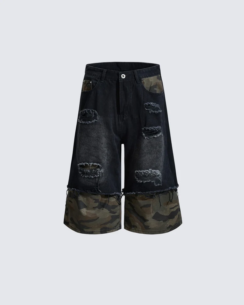 American-Style Ripped Camouflage Faux Two-Piece Denim Capri Pants