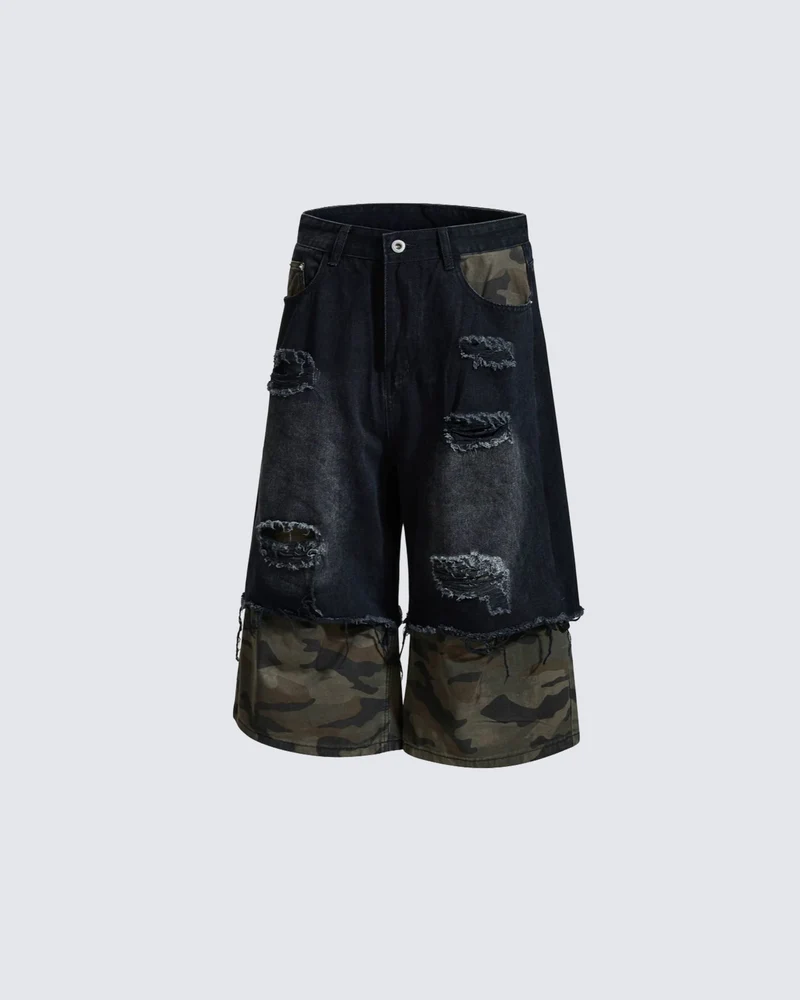 American-Style Ripped Camouflage Faux Two-Piece Denim Capri Pants