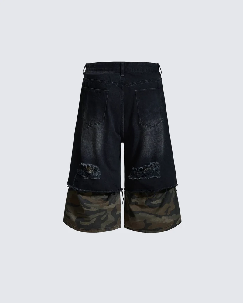 American-Style Ripped Camouflage Faux Two-Piece Denim Capri Pants