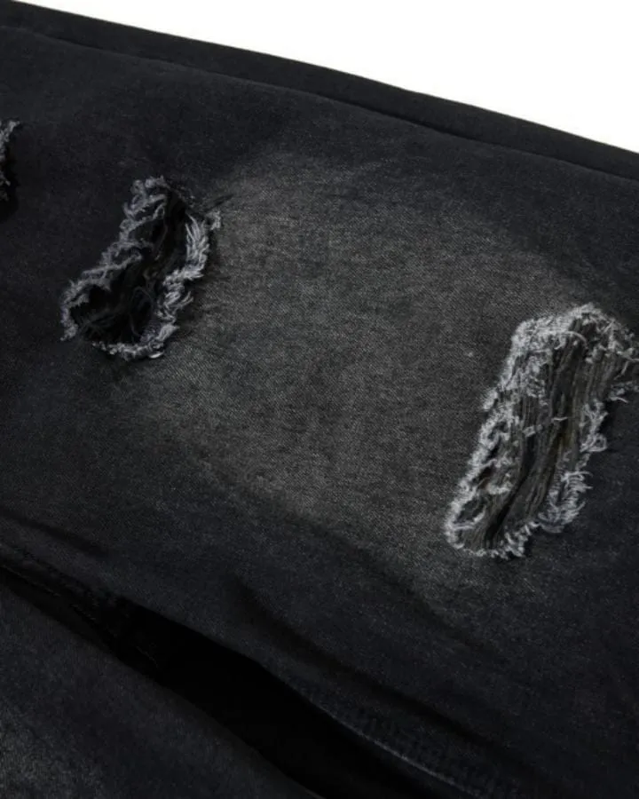 American-Style Ripped Camouflage Faux Two-Piece Denim Capri Pants