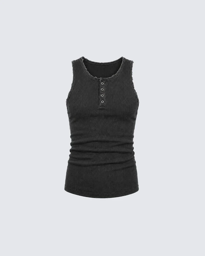 KIIKIO Vintage Washed Henley Neck Slim Fit Ribbed Tank Top