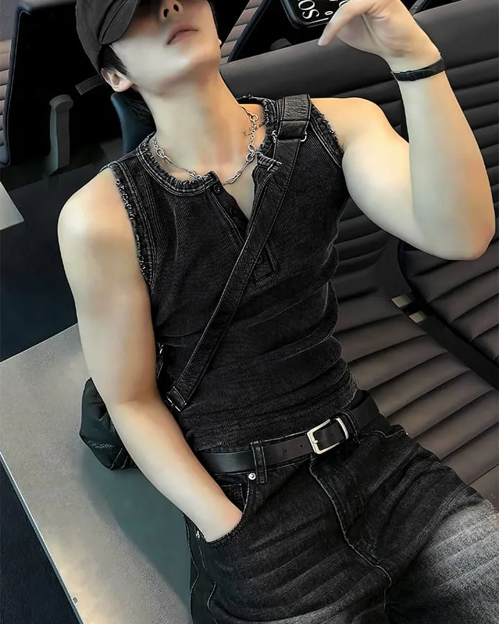 KIIKIO Vintage Washed Henley Neck Slim Fit Ribbed Tank Top