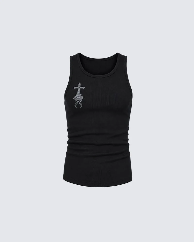 KIIKIO Gothic Cross Embroidered Slim Fit Ribbed Tank Top