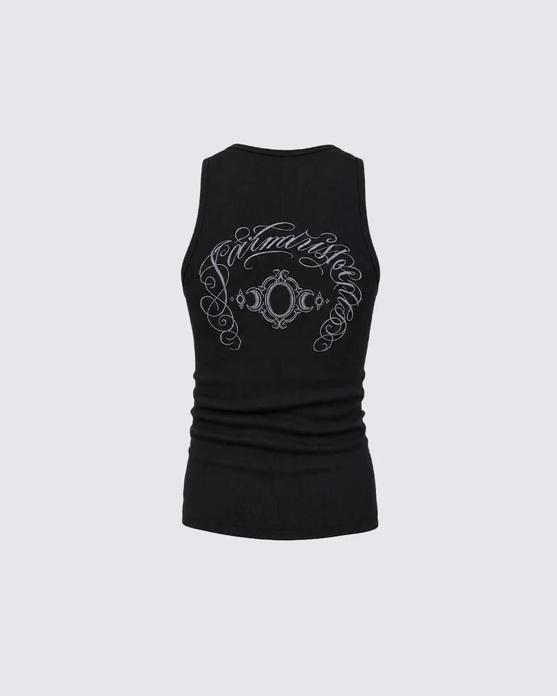 KIIKIO Gothic Cross Embroidered Slim Fit Ribbed Tank Top