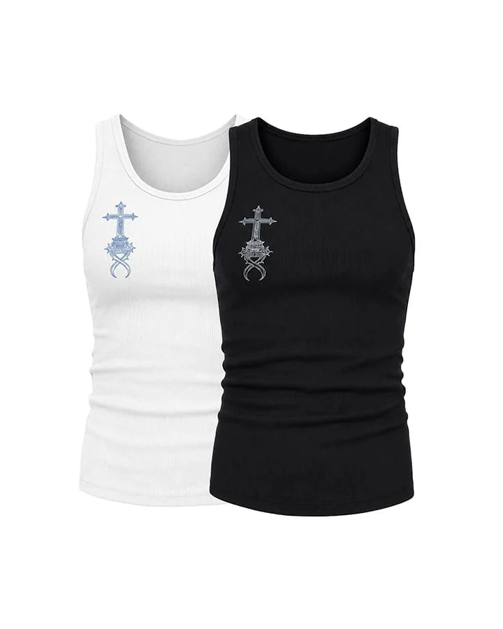 KIIKIO Gothic Cross Embroidered Slim Fit Ribbed Tank Top