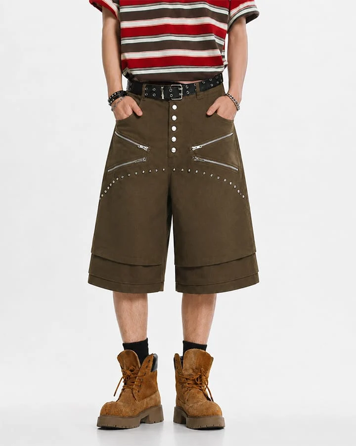 Gothic Rivet Zipper Layered New Wide Shorts
