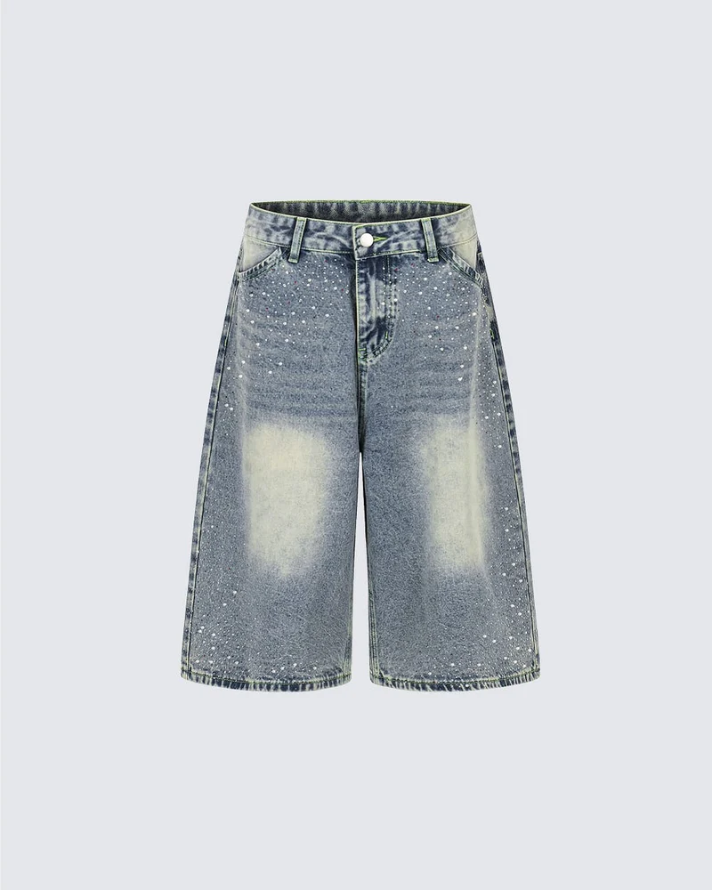 High Street New Rhinestone Washed Wide Denim Shorts