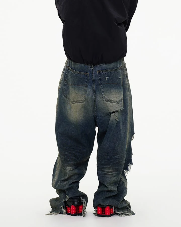 Grunge Distressed Raw Hem Wide Denim Pants New