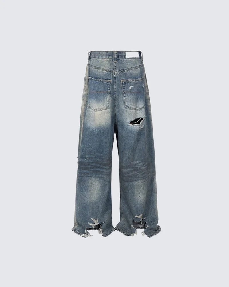 Grunge Distressed Raw Hem Wide Denim Pants New