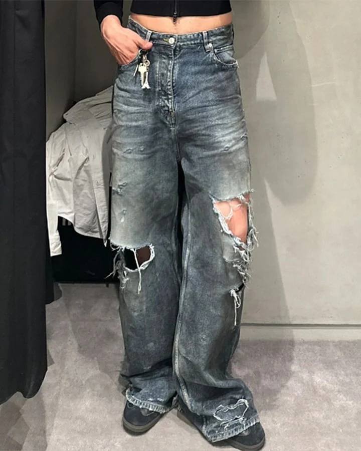 Grunge Distressed Raw Hem Wide Denim Pants New