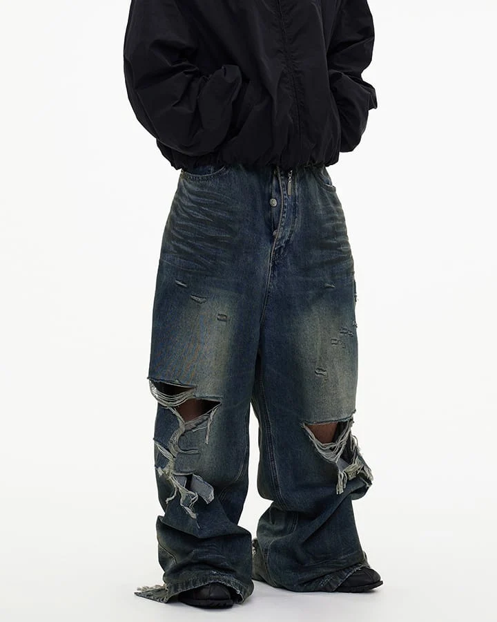 Grunge Distressed Raw Hem Wide Denim Pants New
