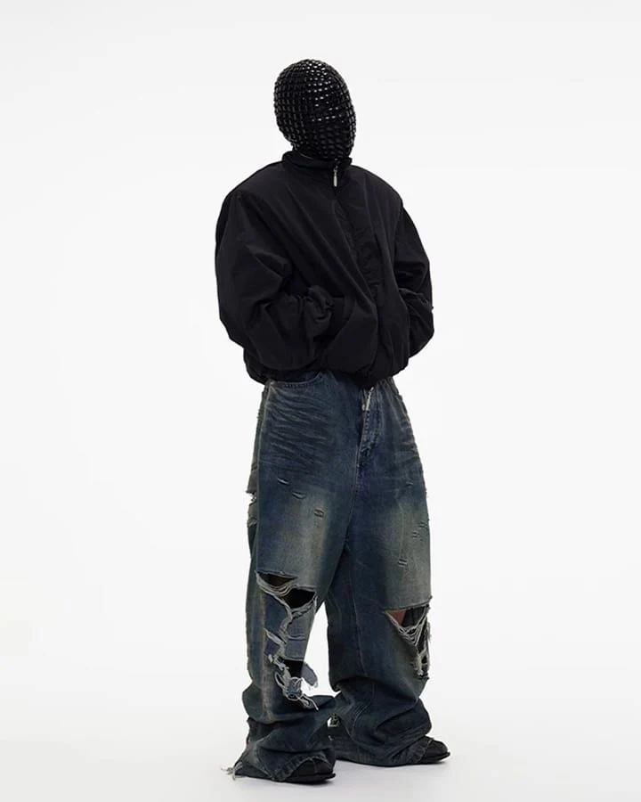 Grunge Distressed Raw Hem Wide Denim Pants New