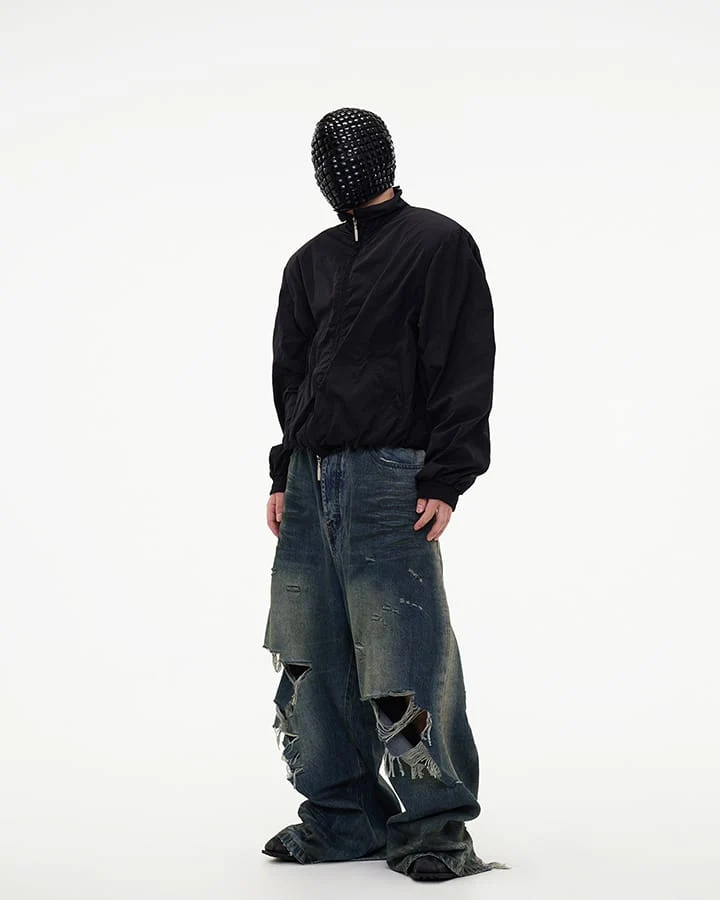 Grunge Distressed Raw Hem Wide Denim Pants New