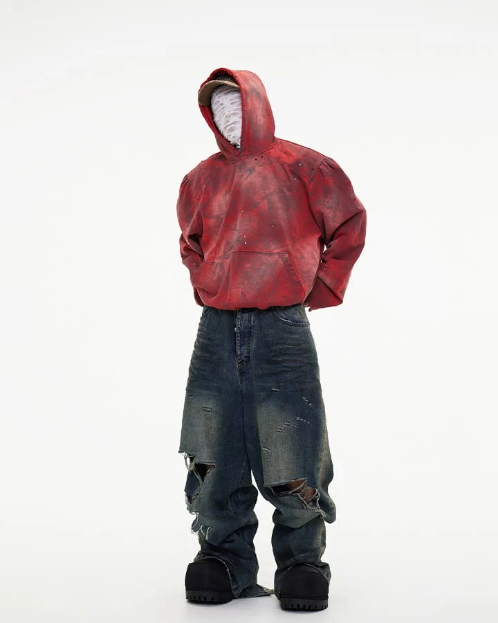 Grunge Distressed Raw Hem Wide Denim Pants New