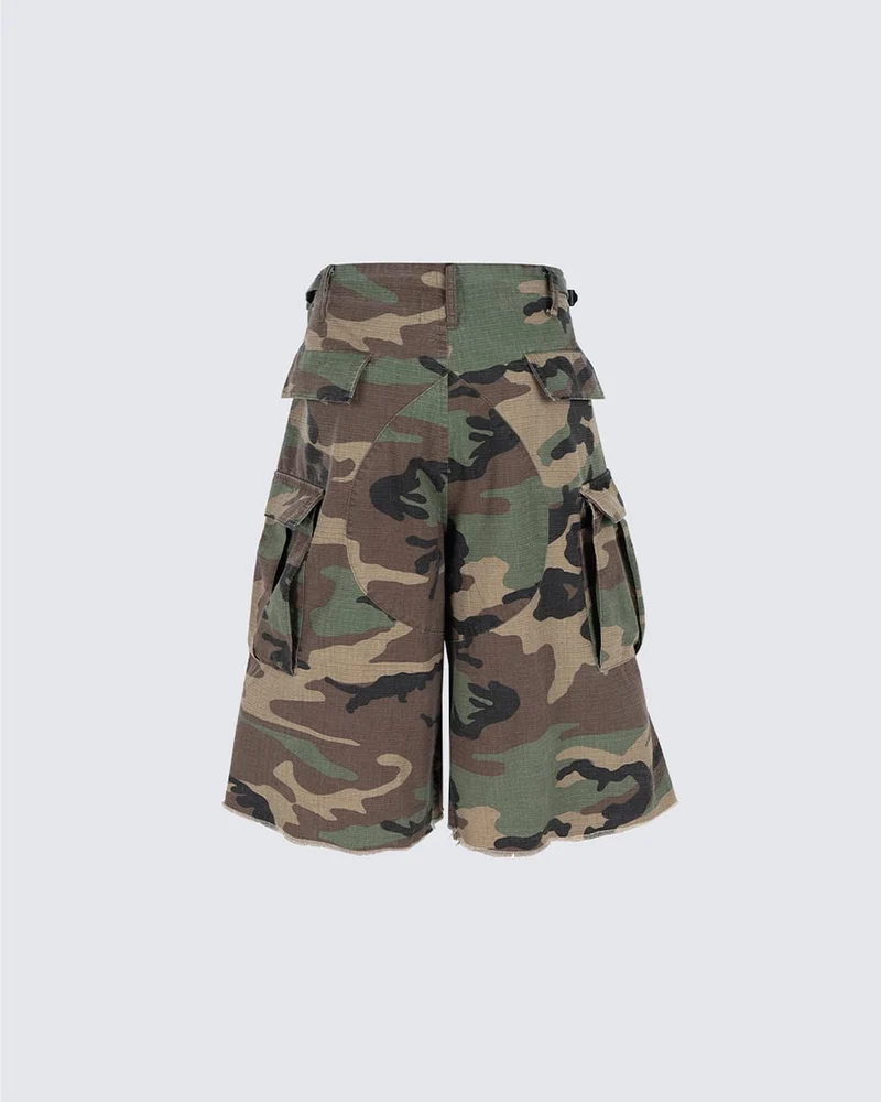 KIIKIO Utility Camo Cargo Pocket Wide Knee Shorts