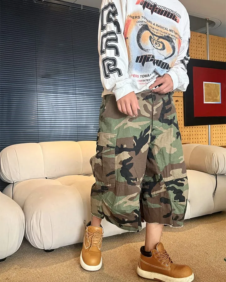 KIIKIO Utility Camo Cargo Pocket Wide Knee Shorts