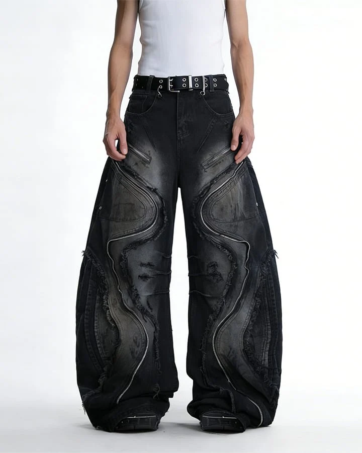 Dark Wavy Zipper Deconstructed Wide Denim Pants New