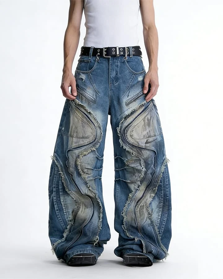 Dark Wavy Zipper Deconstructed Wide Denim Pants New