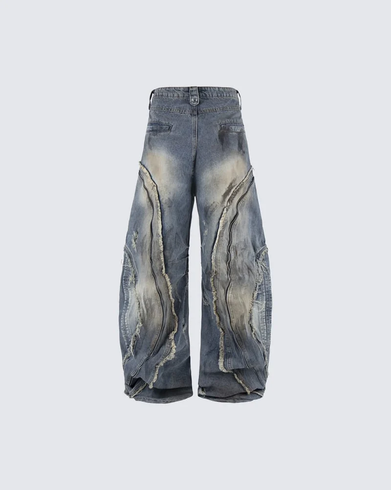 Dark Wavy Zipper Deconstructed Wide Denim Pants New