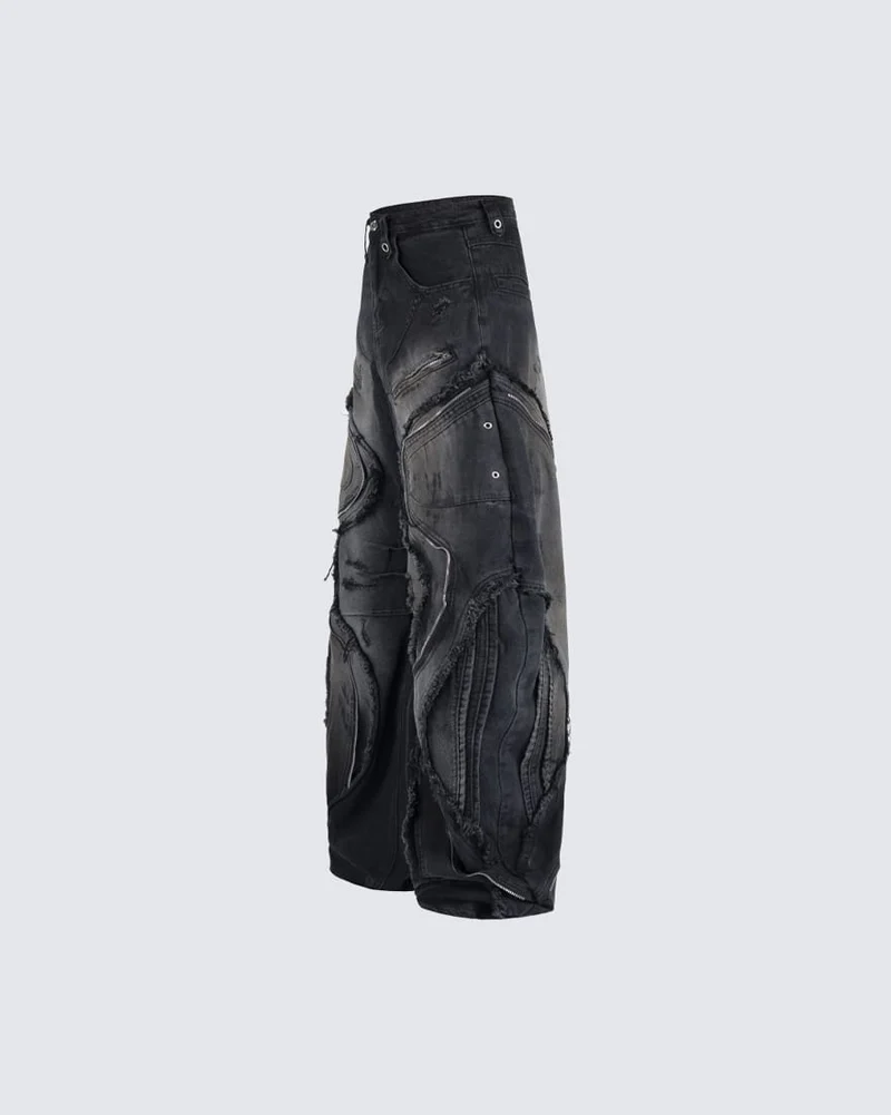 Dark Wavy Zipper Deconstructed Wide Denim Pants New