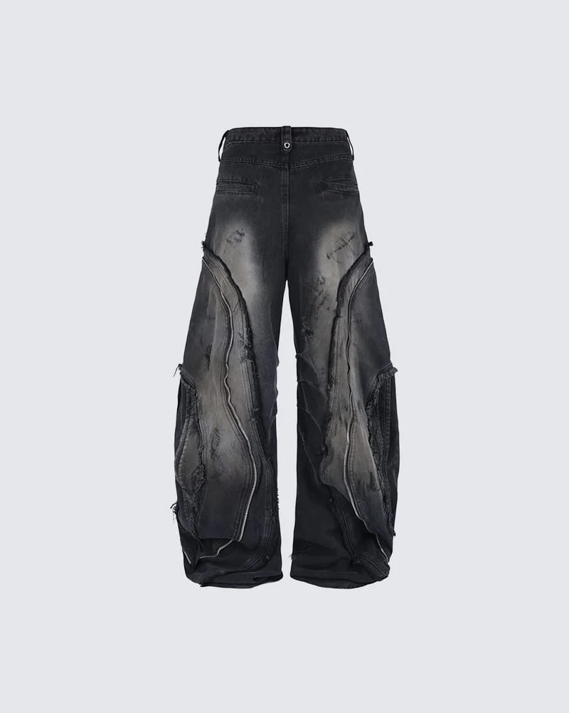 Dark Wavy Zipper Deconstructed Wide Denim Pants New