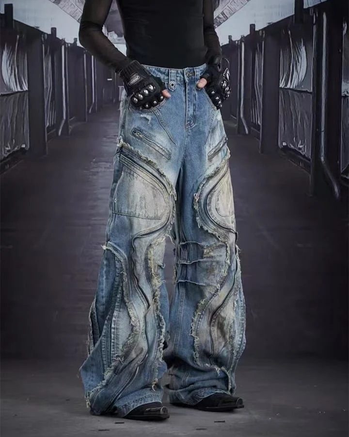 Dark Wavy Zipper Deconstructed Wide Denim Pants New
