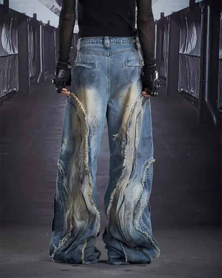 Dark Wavy Zipper Deconstructed Wide Denim Pants New