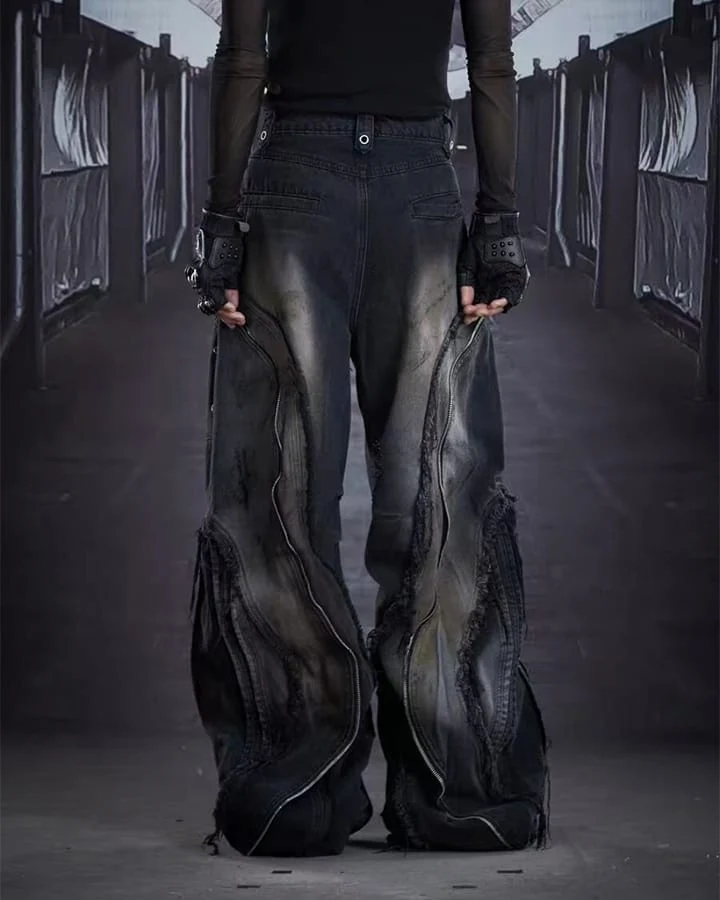 Dark Wavy Zipper Deconstructed Wide Denim Pants New