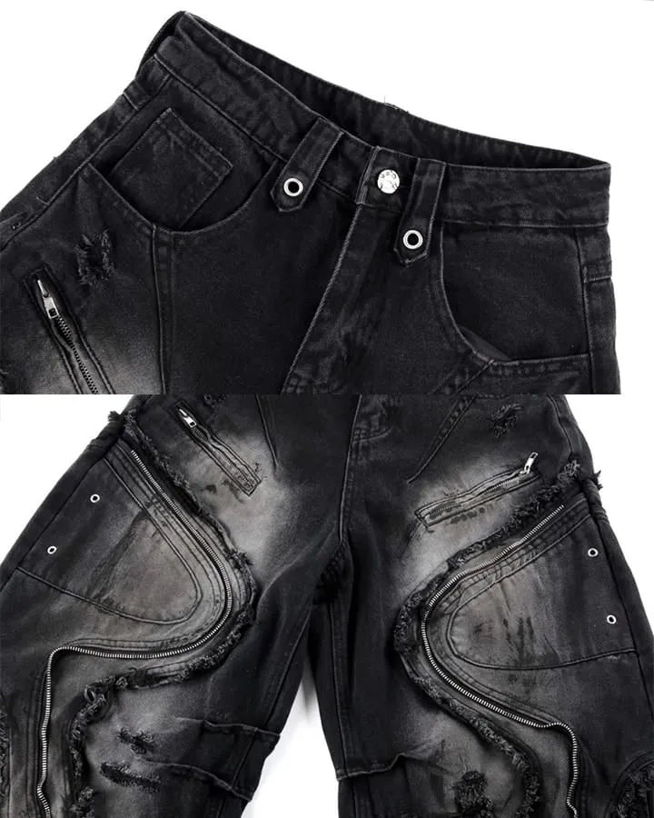 Dark Wavy Zipper Deconstructed Wide Denim Pants New