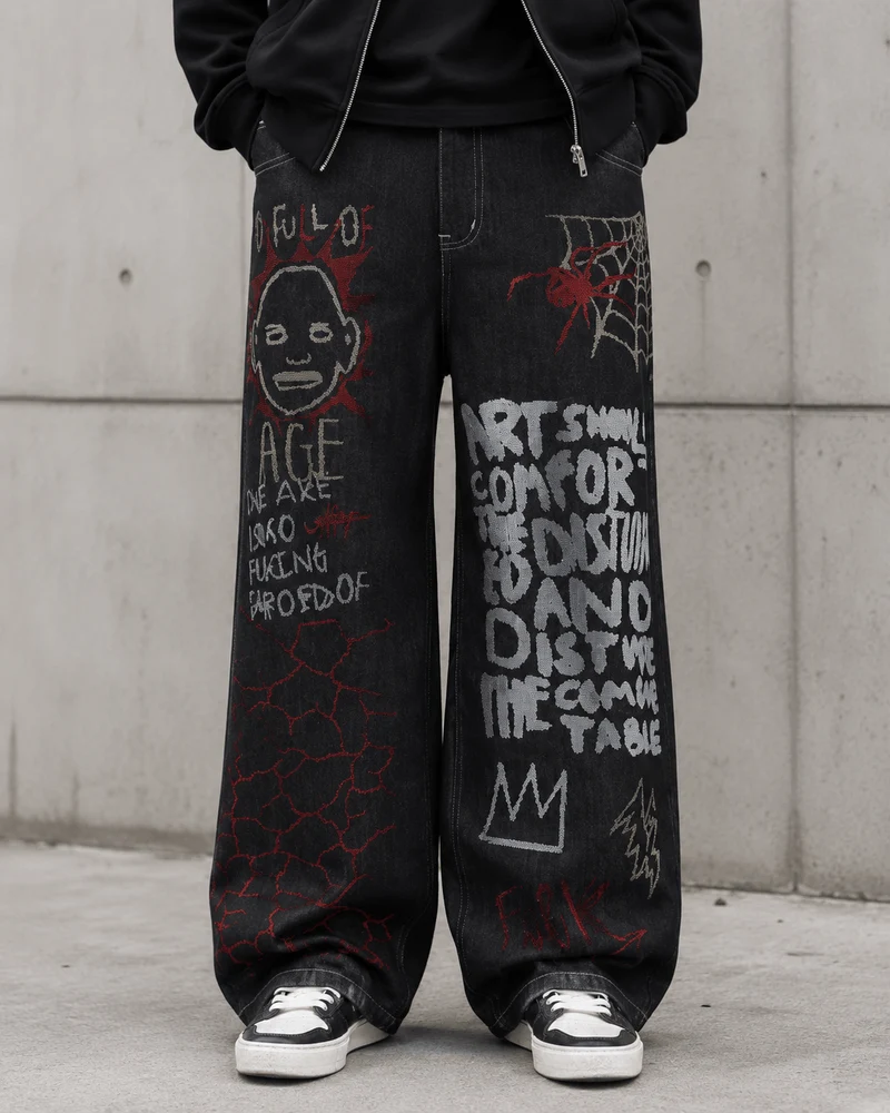 High Street Dark Style Graffiti Embroidered Jeans