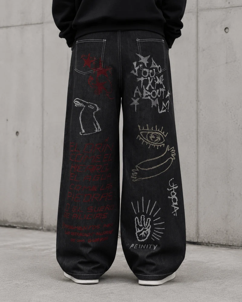 High Street Dark Style Graffiti Embroidered Jeans